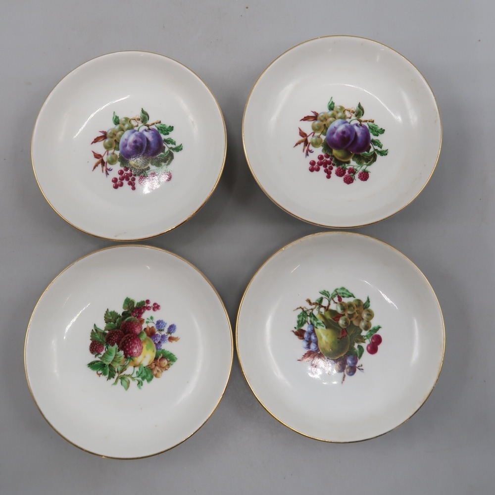 Fruit Design Snack Mini Plates Gold Trim 3.75" Naaman Israel Porcelain Set of 4